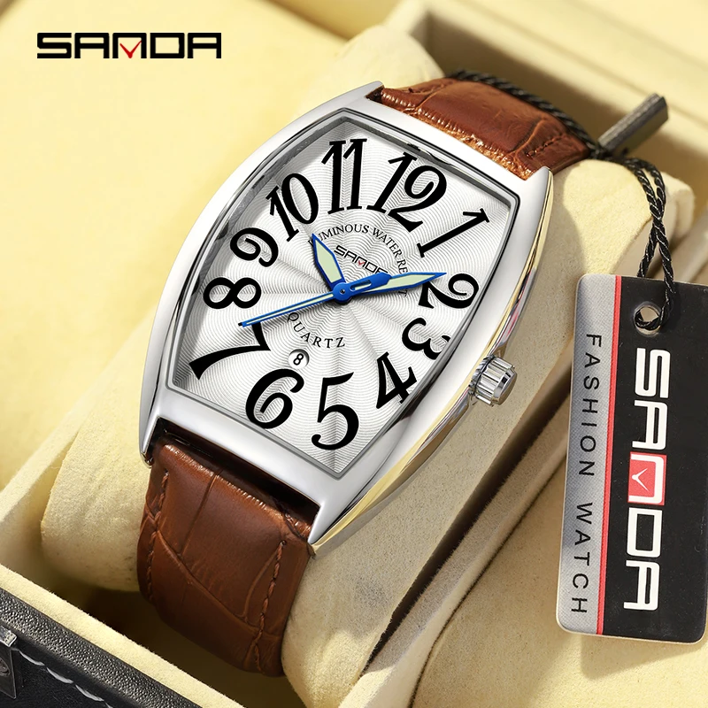 SANDA Fashion Simplicity Leather Strap Quartz Men\'s Wristwatch Waterproof Barrel Shaped Dial Design Business Clock Men\'s Watch