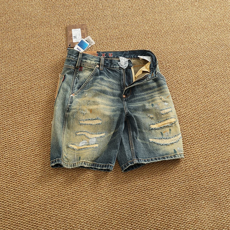 

2025 летние новые американские джинсовые шорты-карго в стиле ретро, мужские шорты-карго из 100% хлопка, старые распылительные краски, прямые повседневные брюки с 4 точками
