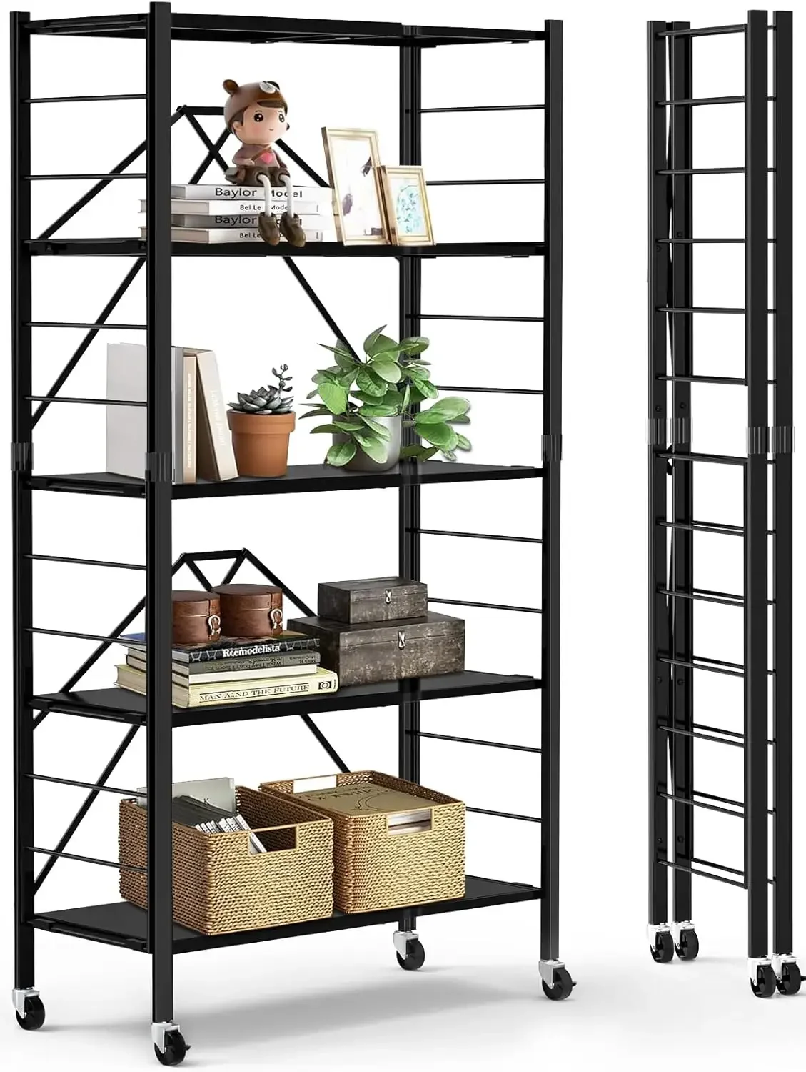 5-Shelf Storage Shelves,Foldable Metal Shelving Units with Wheels,Changeable into 2 Shelf Units,Collapsible Adjustable Storage R