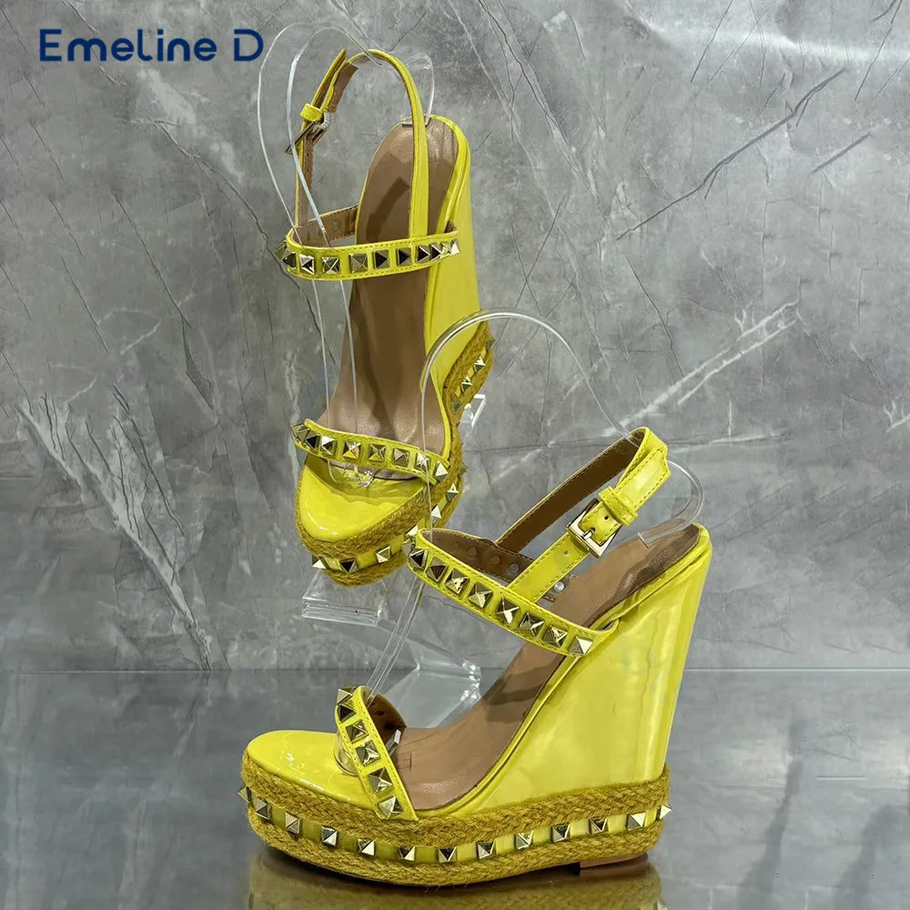 Yellow Studded One-Strap Espadrille Sandals with Round Toe Wedge Heels and High Heels Trendy Casual and Elegant Women's Shoes