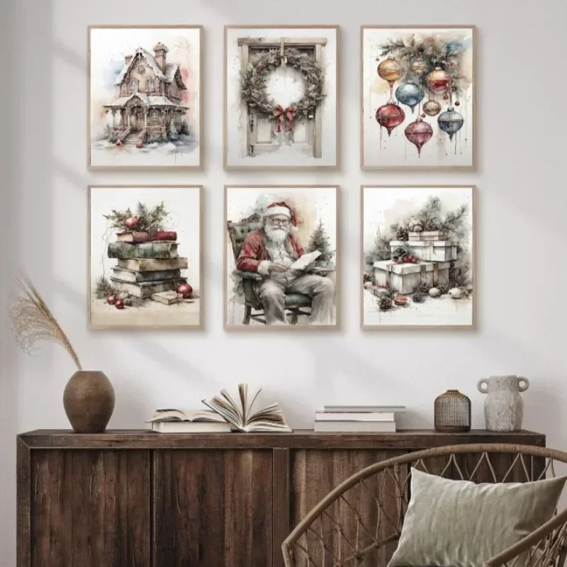 Vintage Santa Claus Reading Book Wall Decor Poster Christmas Wreath Gift Canvas Painting New Year Living Room Art Decoration