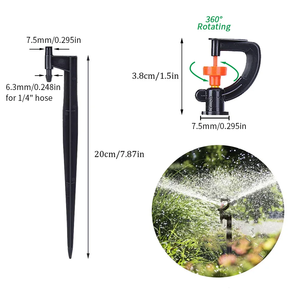 5pcs 360° Rotating Micro Watering Irrigation Sprinkler Sprayer on 20cm Stake 1/4