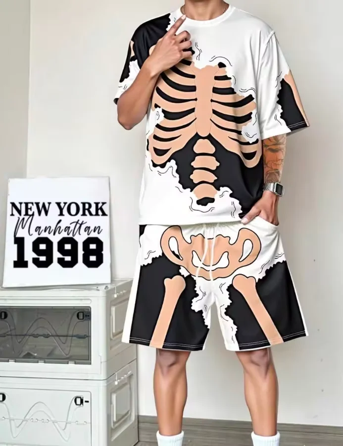 

25 2pcs Set Fashion Leisure Comfortable Set Men Including T-shirts Shorts Suitable Sports Fitness Activities Summer Skull Print