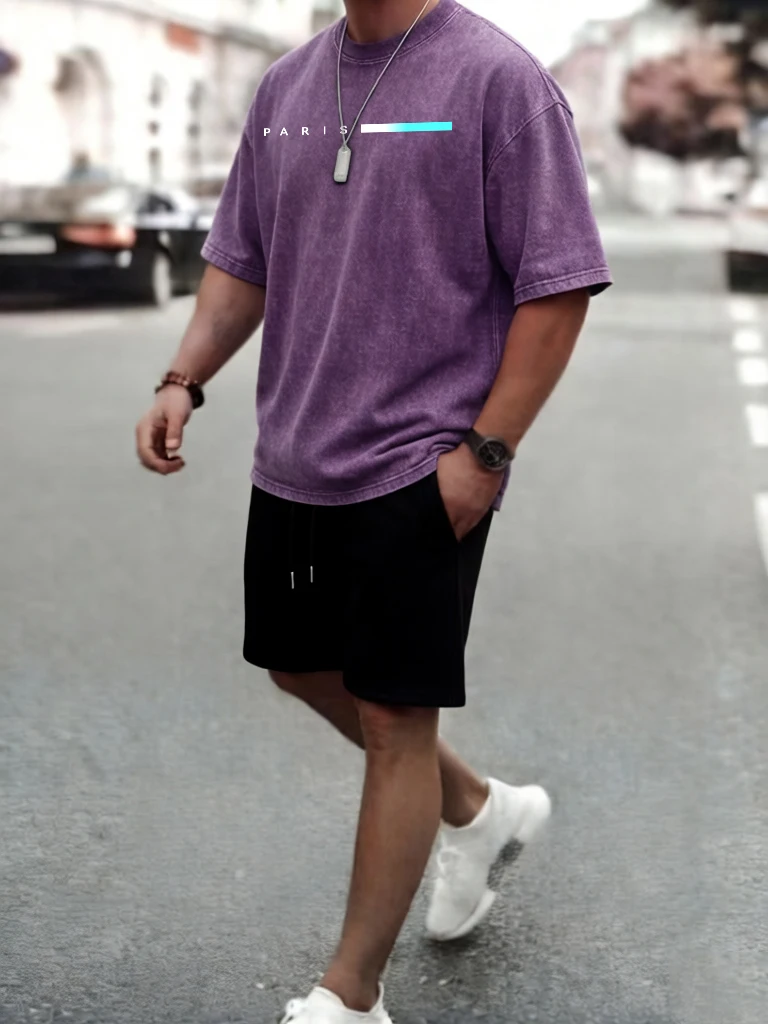 

Paris Creative Letter Prints Cotton Washed Summer Tee & Shorts Of Men's Sets Breathable Retro Streetwear Running Loose Clothes