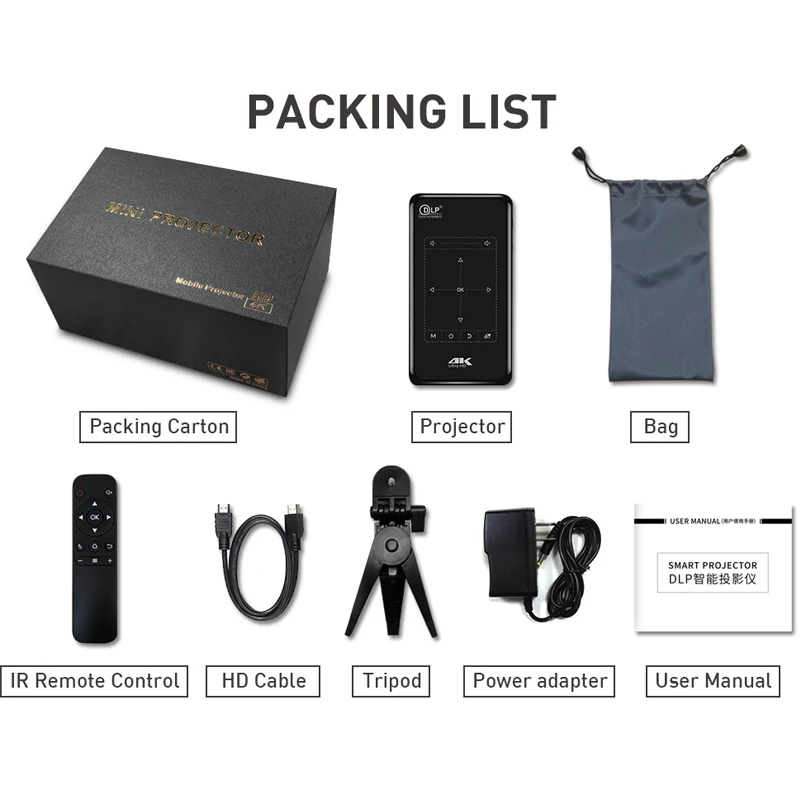 SmartIdea-Projetor Inteligente DLP, Beamer, Bateria BT, AirPlay embutido, Miracast, 3D, 4K, HD, AC3, Android, Wi-Fi, Novo