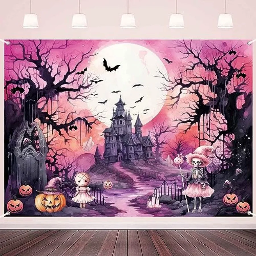 

Pink Halloween Backdrop Banner Spooky Witch Halloween Birthday Party Decorations Pink Black Ghost Boo Haunted House Photo Backd