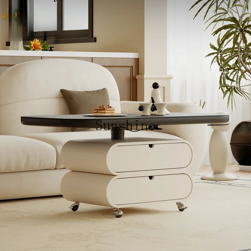 

French retro mobile black rock slab coffee table dining table two-in-one storage can be lifted and lowered