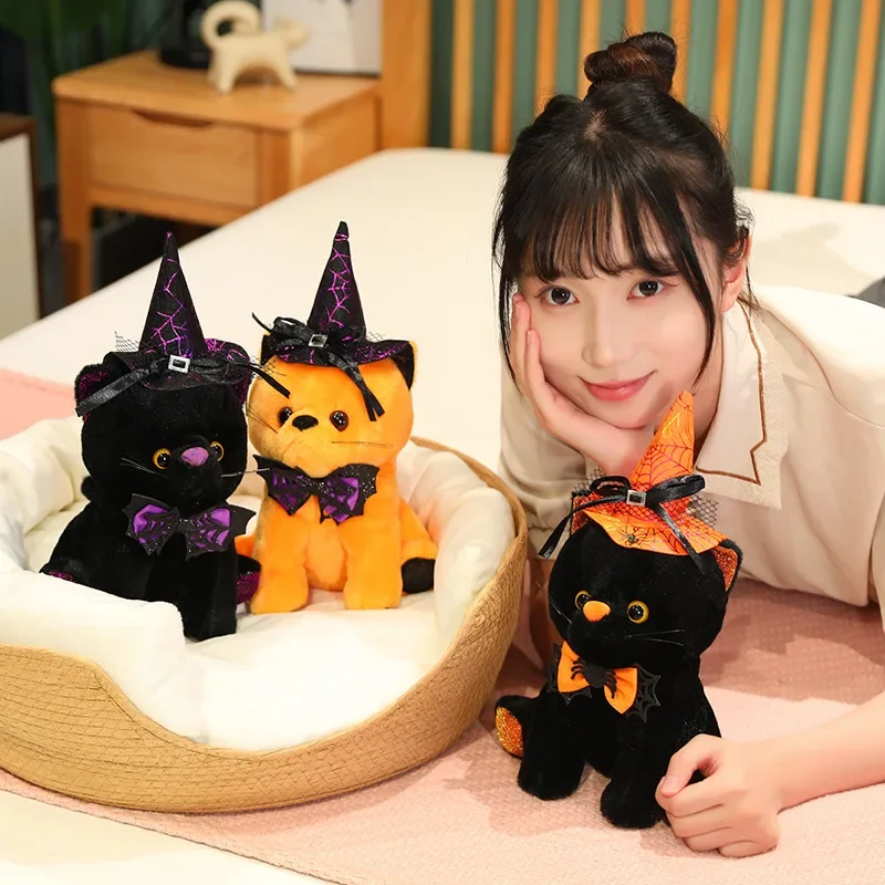 25cm Kawaii Halloween Style Black Cat Peluche Toys Cute Bat Kitten Doll Stuffed Animal Pillow for Children Festival Party Decor