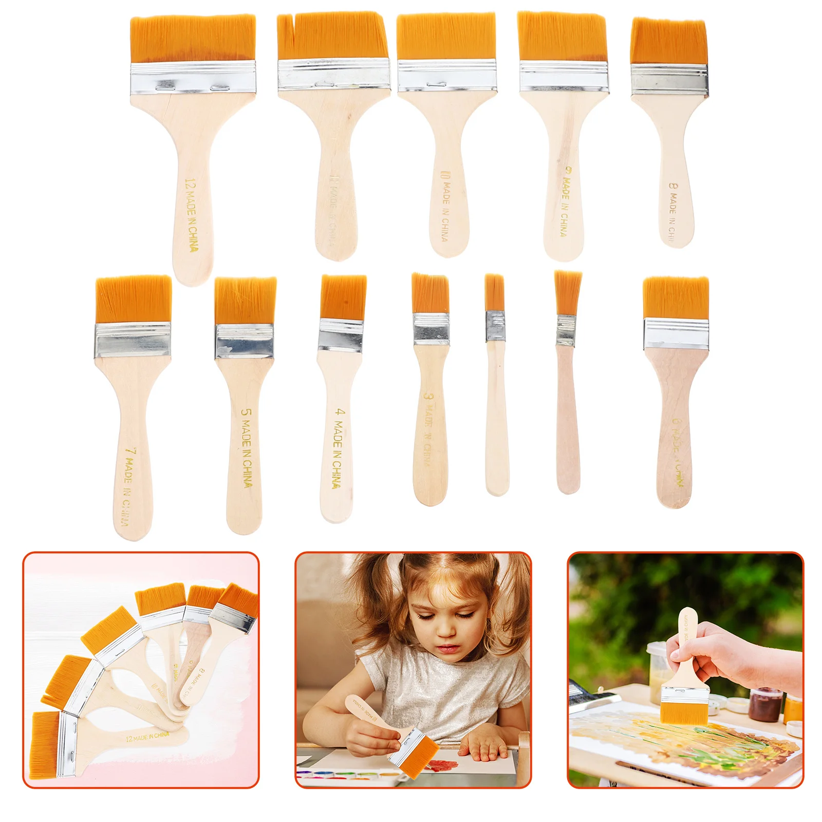 

1Set Children's Graffiti Brush Set 12 Flat Nylon Hair Wooden Penholder Brushes Multipurpose for Oil Acrylic Painting Art