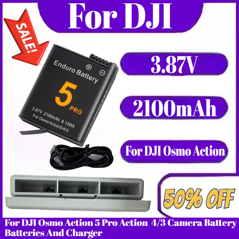 

2100mAh 3.87V For DJI Osmo Action 5 Pro Action 4 Camera Battery Batteries And Charger For DJI Osmo Action 4/3 Accessories