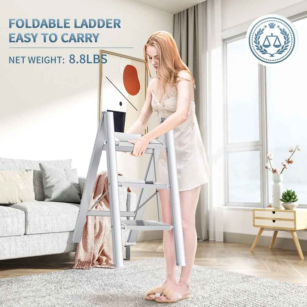 Ladnamy 3-step Ladder Home Multi-Functional Folding Stair Thickened Aluminum Alloy Indoor Climbing Stairs Flower Stand