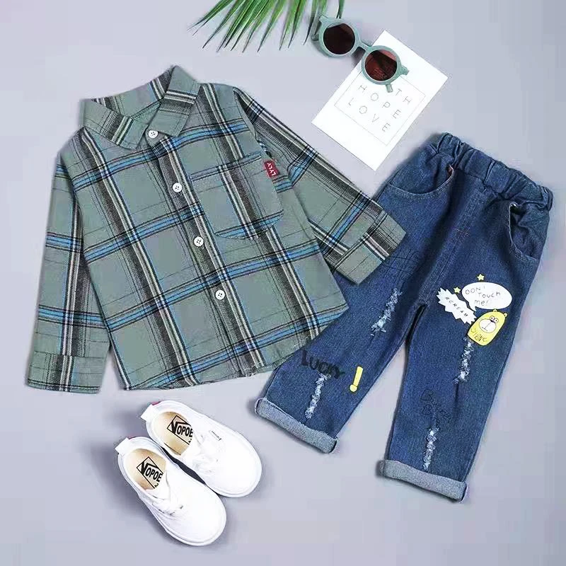 Baby boy clothes suits handsome plaid kids boys long-sleeved lapel shirt + denim trousers 2-piece set