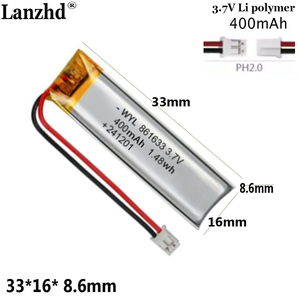 3.7V  high-rate polymer battery For nebulizer battery razor power tool beauty device 861633 400mah with PH2.0 plug