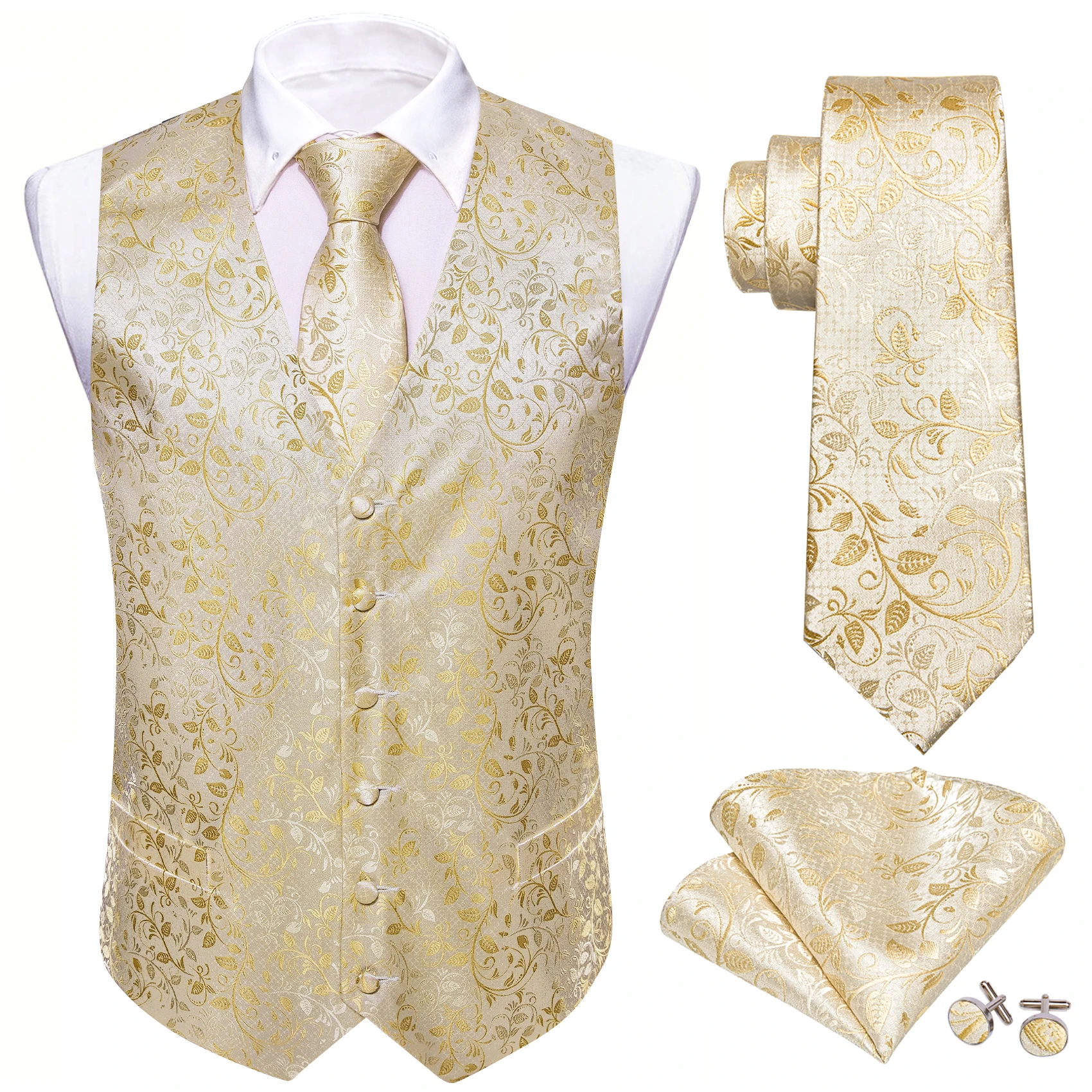 Mens\'s Suit Vest Gold Yellow Paisley Sold Flower Embroidered Waistcoat Tie Hanky Formal Sleeveless Jacket Barry Wang