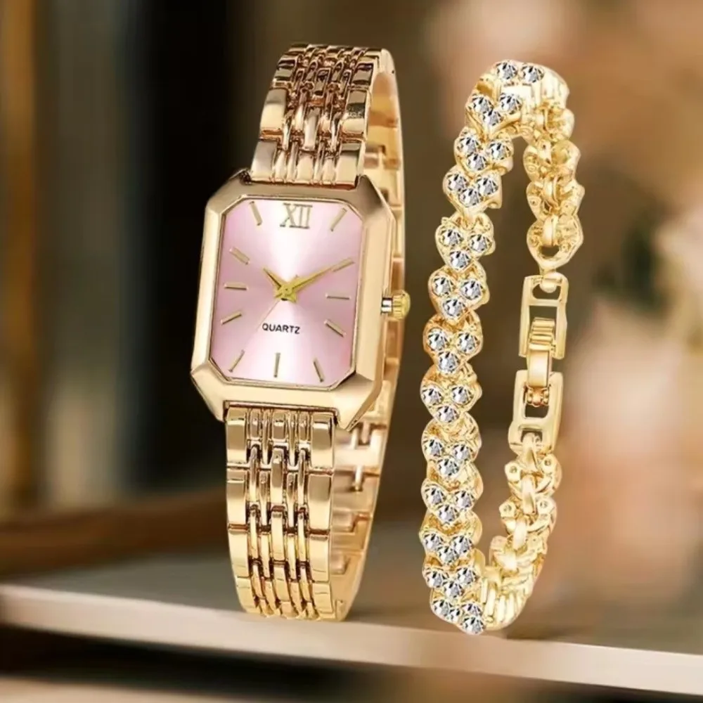 Fashion Stainless Steel Wristwatch Bracelet Set Rhinestone Folding buckle Quartz Watches Square Quartz Strap Watch Student