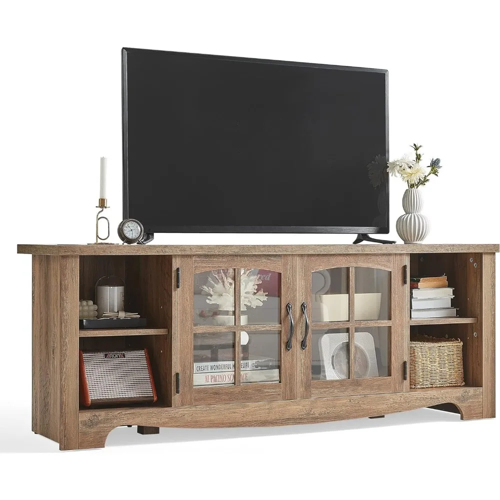 Farmhouse TV Stand for 65 Inch TV, Wood Entertainment Center with Glass Door Storage Cabinet & Adjustable Shelves, Large Sturdy