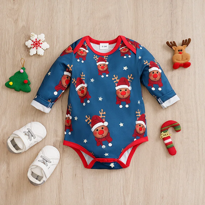 Newborn christmas clothes Navy blue elk print Winter comfort triangle clothing Long sleeves outerwear for boys and girls