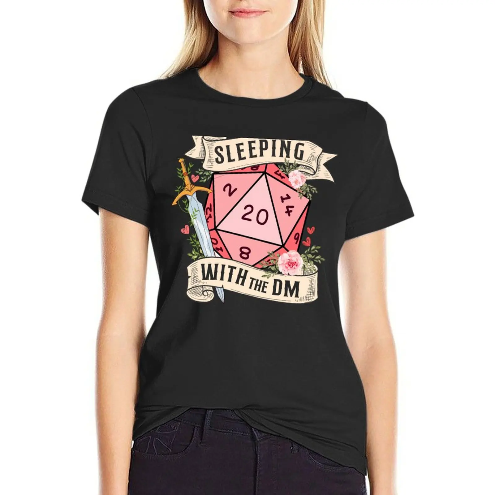 

SLEEPING WITH THE DUNGEON MASTER: Cute D20 dnd dice with flowers and sword T-Shirt funnys Women clothes