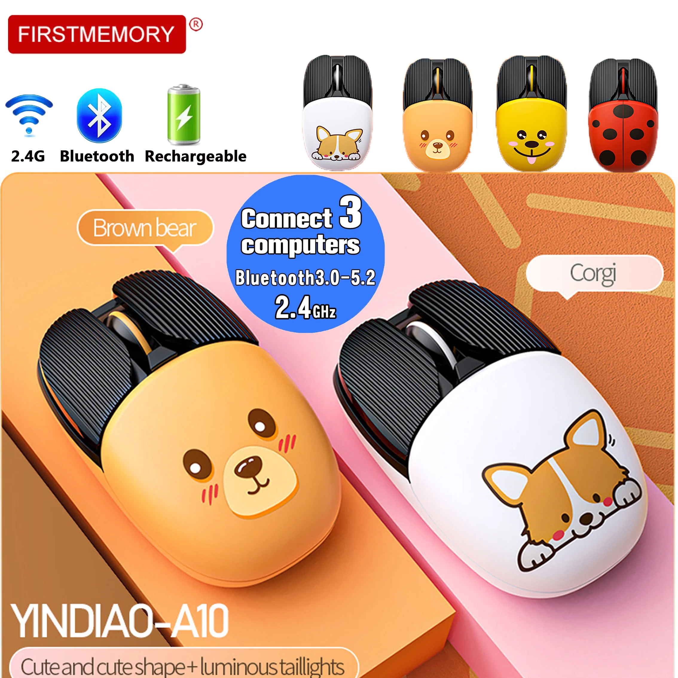 Cartoon Wireless 2.4G Bluetooth Mouse Rechargeable Mini Cute Gaming Mice 3 Mode Ergonomic Mute Mause For Kid Girl Gift Laptop PC