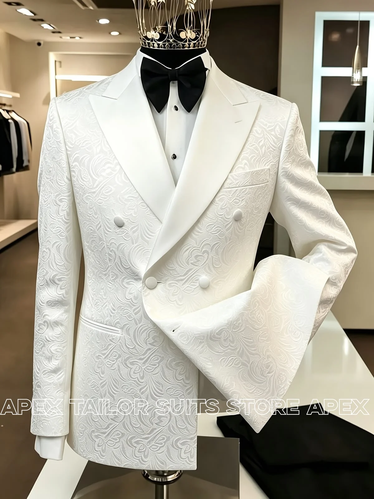 Men Suit Tuxedo White Jacquard Jacket Double Breasted Peak Lapel Wedding Groom Blazer Formal Party Dinner Suit Jacket For Men
