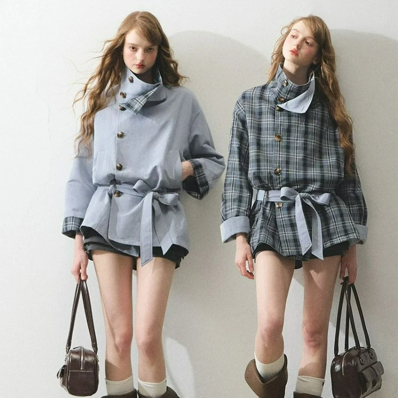 2026 Spring Autumn New Fashionable American Retro College Style Pattern Splicing Two Sides Loose Waist Short Wind Coat for Women