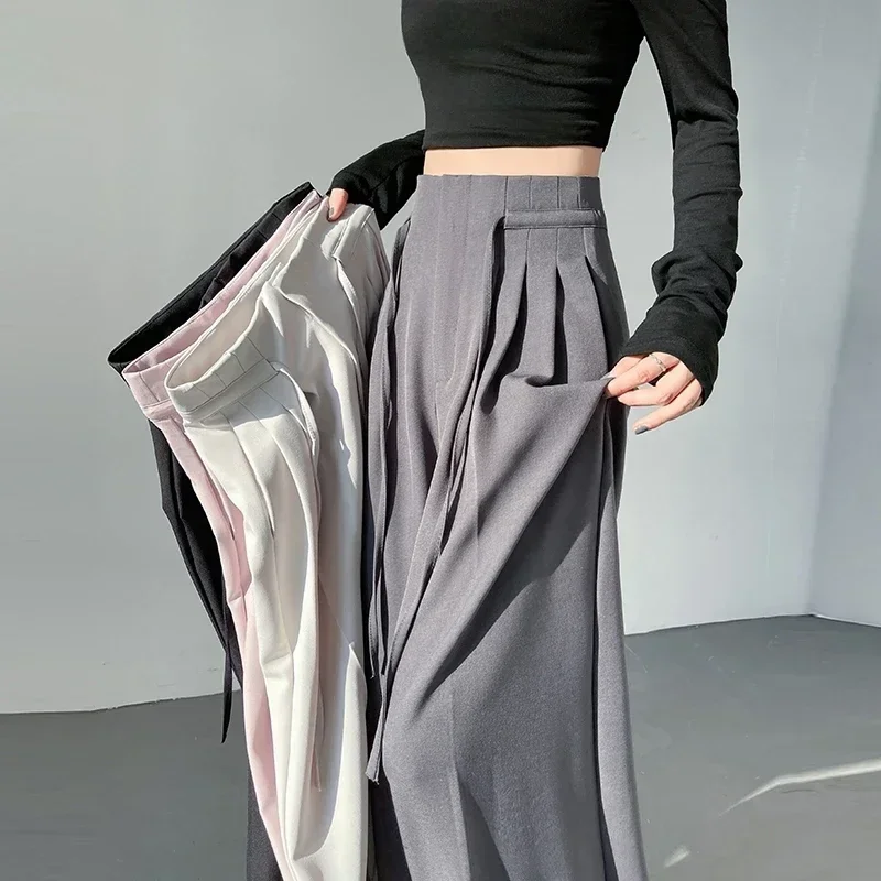 

2025 New Spring Summer Lace-up Loose Women's Wide Leg Full Length Pants High Waist Solid Female Elegant Straight Casual Trousers
