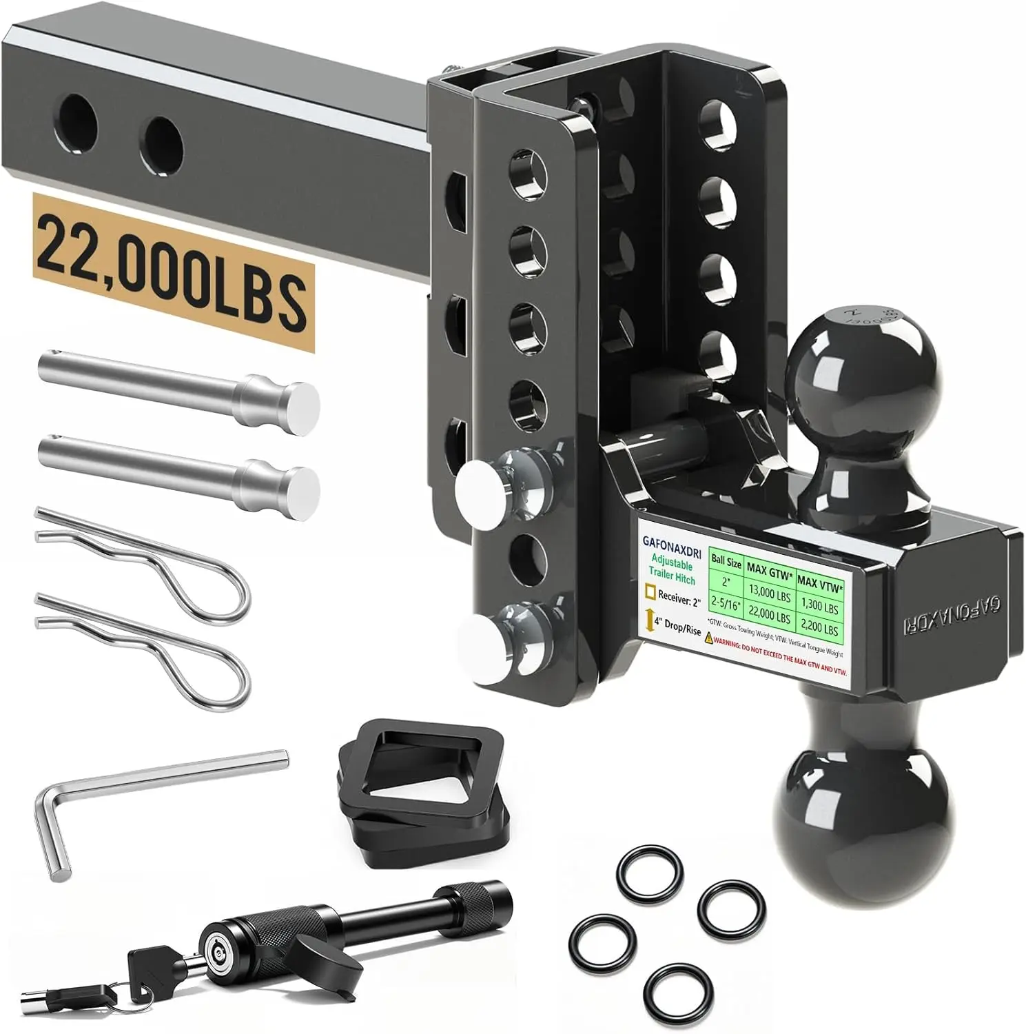 

Adjustable Trailer Hitch Fits 2 Inch Receiver, Dual Ball 2" & 2-5/16", 22,000 LBS GTW, Manganese Steel, Anti-Rattle