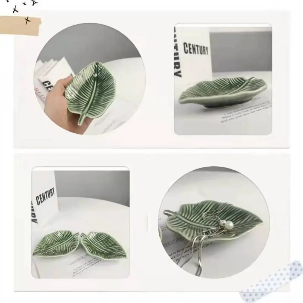 INS Ceramic Leaf Jewelry Dish Nordic Style Creative Ring Storage Tray Green Tree Leaf Patterns Jewelry Display Tray Earrings