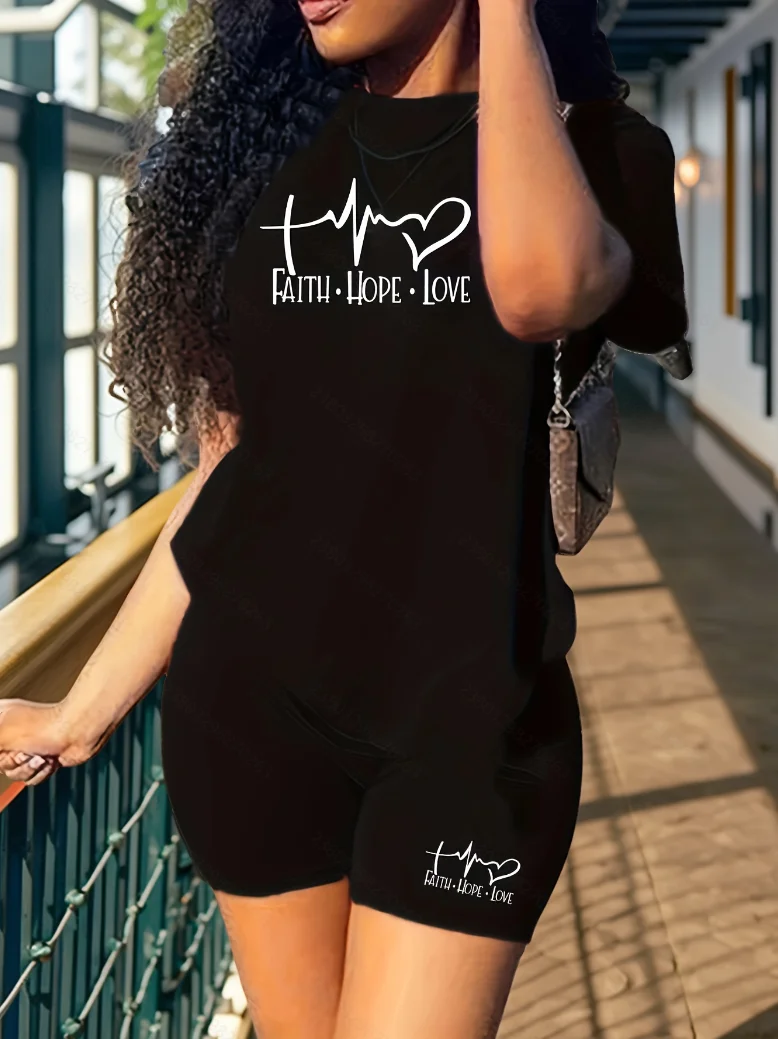 

Повседневный весенне-летний костюм-двойка, футболка с короткими рукавами с абстрактным узором и однотонными узкими шортами, женская ткань.