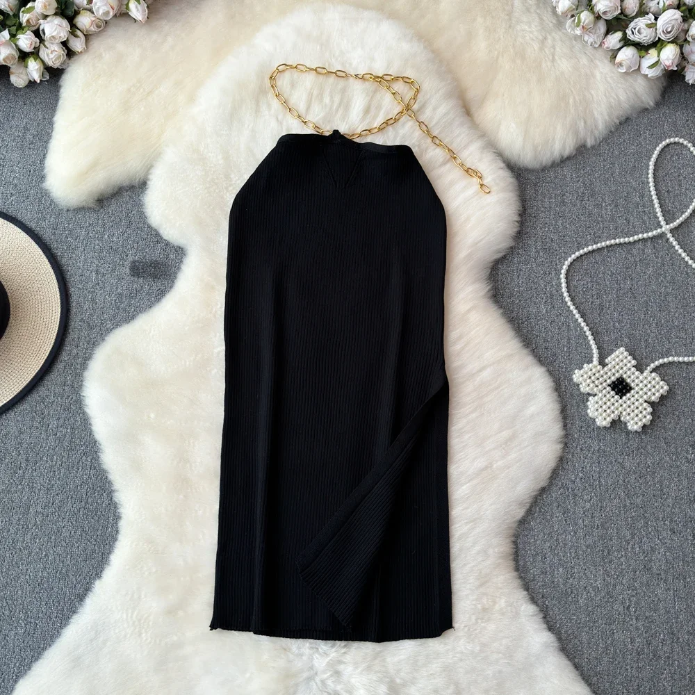 Chic Women Solid Black Knit Pencil Skirt High Waist Vertical High Split Slim Mid Length Knitted Skirt Commuter Fashion Bottom