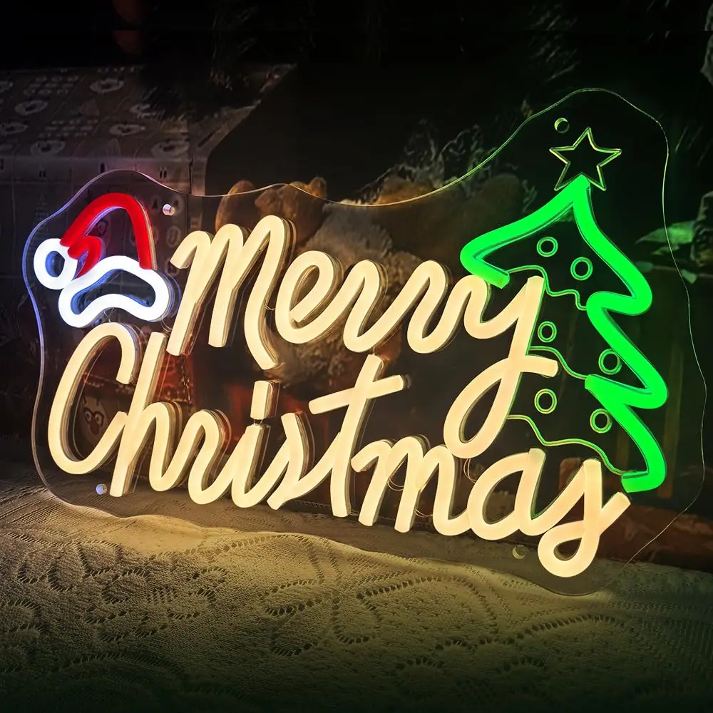 Merry Christmas Neon Sign Carving Dimmable USB Powered LED Light Up for Wall Decor Xmas Party Home Porch Front Door Holiday Gift