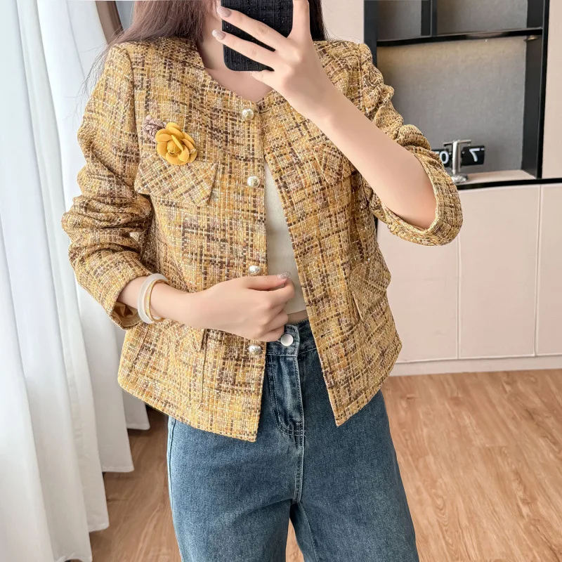 Women's plaid coarse woolen coat 2026 new spring and autumn small fragrant style top