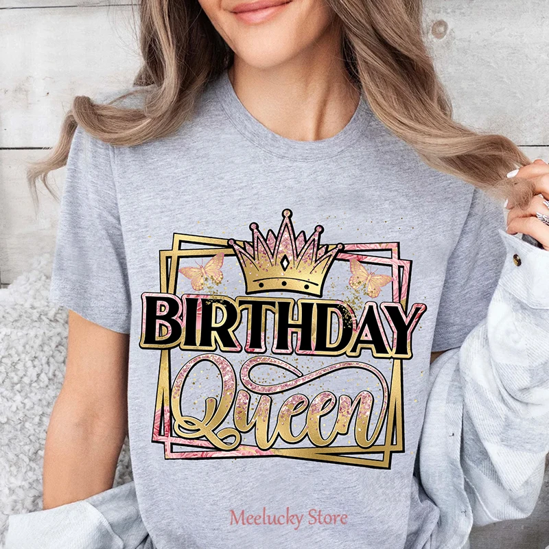 Birthday queen letter beautiful printed summer women's top, essential clothing for birthday gifts, happy all day long