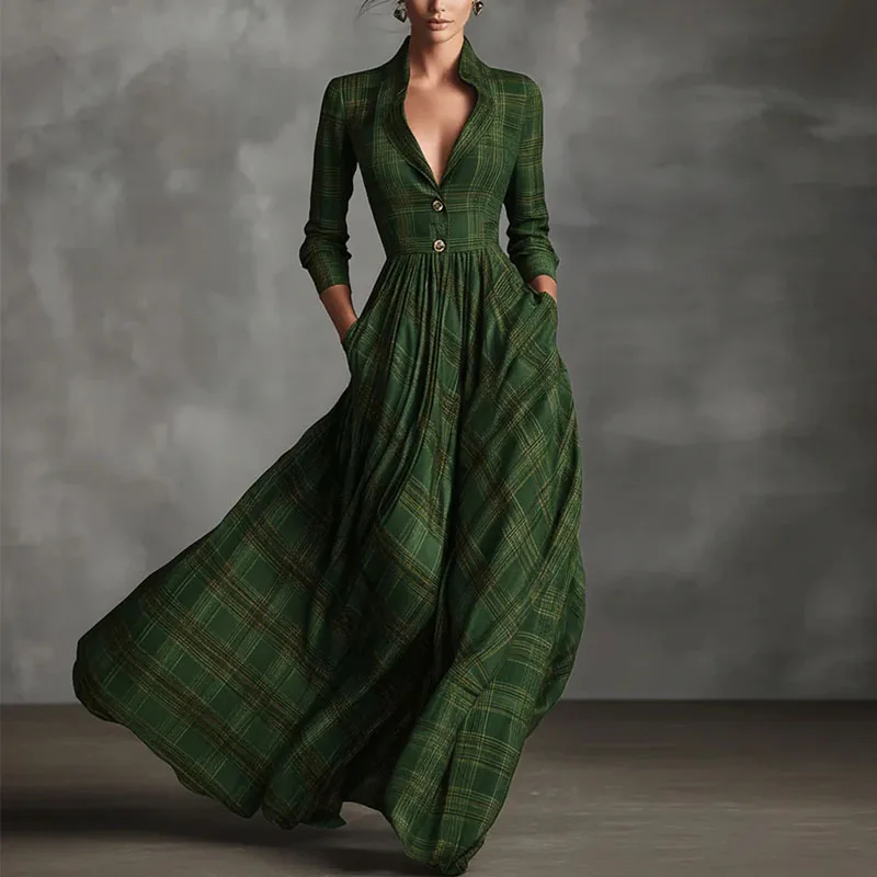 الفرنسية الرجعية منقوشة طباعة سوينغ فستان طويل ماكسي امرأة مثير العميق الخامس الرقبة زر قميص فستان الخريف جيوب طويلة الأكمام فساتين بوهو #5