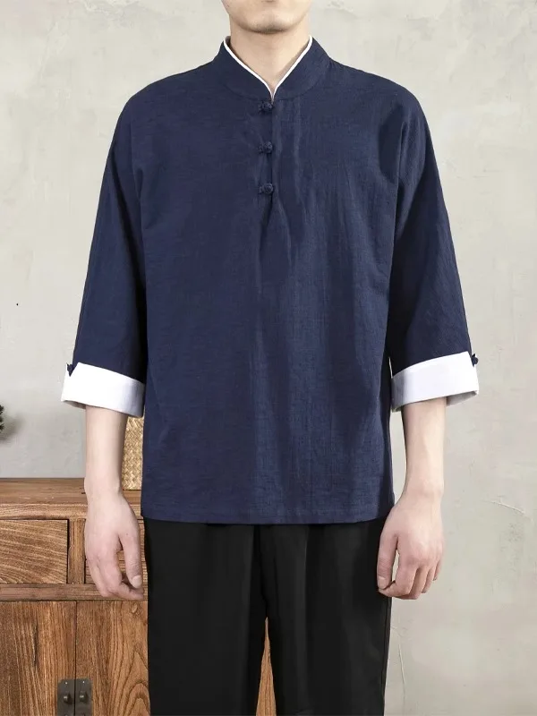 

Повседневный хлопково-льняной костюм-тан, традиционная китайская одежда, цветной блок, с отворотами, на пуговицах, в стиле ханьфу, этническая одежда для чаепития...