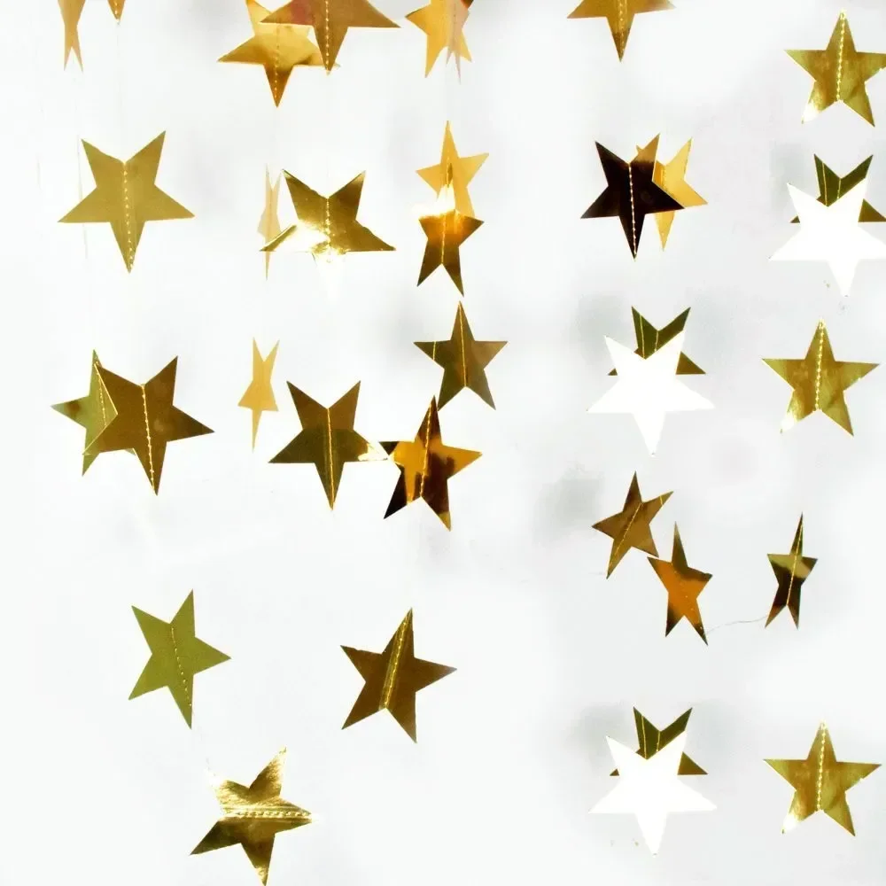 4M Bright Gold Silver Paper Garland Star String Banners Wedding Banner for Party Home Wall Hanging Decoration Baby Shower Favors