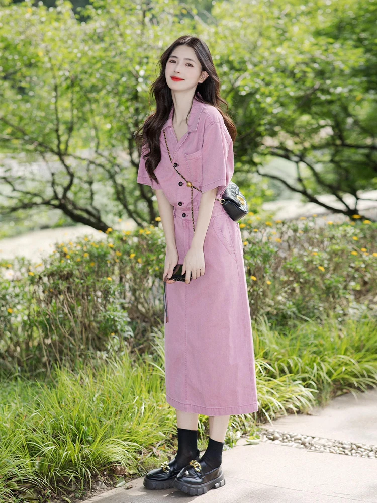 

Retro Collar Raspberry Pink Denim Dress Summer New Style Korean Style Casual mid Waist A-Line Skirt Short Sleeve Women's Dress