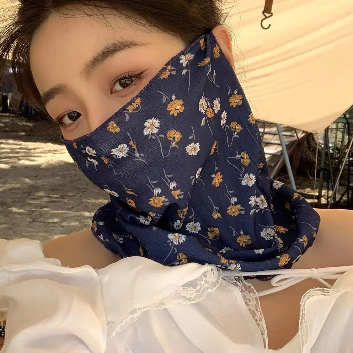 Nueva máscara solar de verano con estampado floral para mujer, cubierta facial ligera con protección UV de cara completa, velo solar UPF 50+