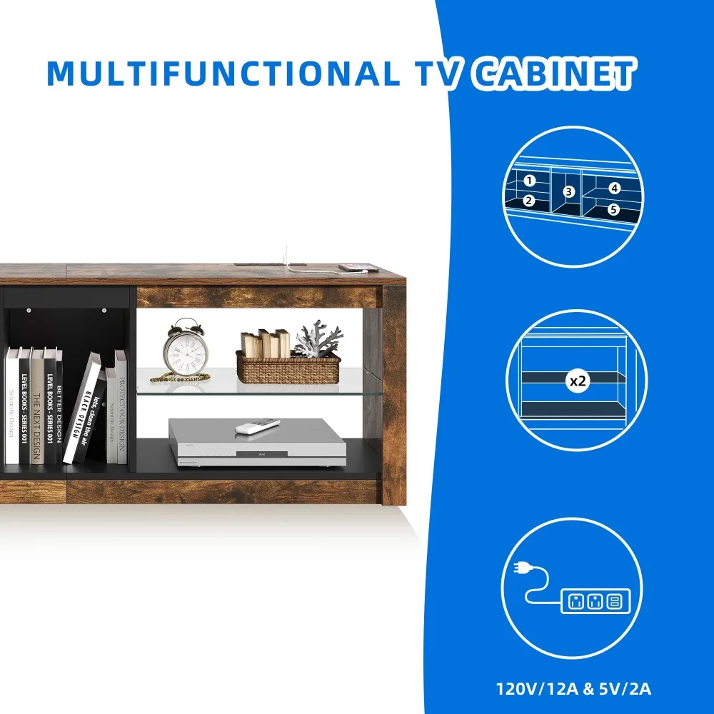 TV Stand with LED Ambient Lights, Modern TV Stand with Open Shelf Storage Cabinet for 62 Inch TV, Brown TV Stand