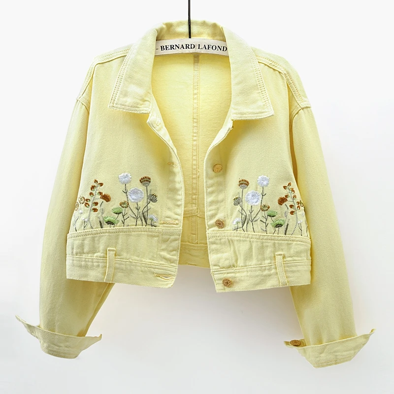 Chic Floral Embroidery Crop Denim Coats Women Lapel Long Sleeve Single Breasted Jeans Jacket Vintage Streetwear Female Outerwear