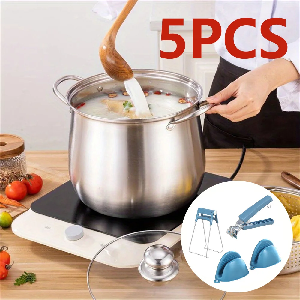 

5 шт. кастрюля из нержавеющей стали со стеклянной крышкой, экстрактором для чаши, зажимом, ручкой для ушей горшка, утолщенным дном большой емкости