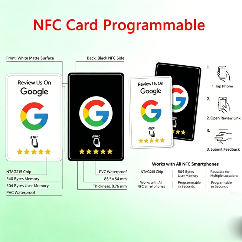 [Wholesale //NFC Card] Black Premium Wear‑Resistant Matte Finish Reusable Google Review Tap Programmable NFC Card User‑Friendly