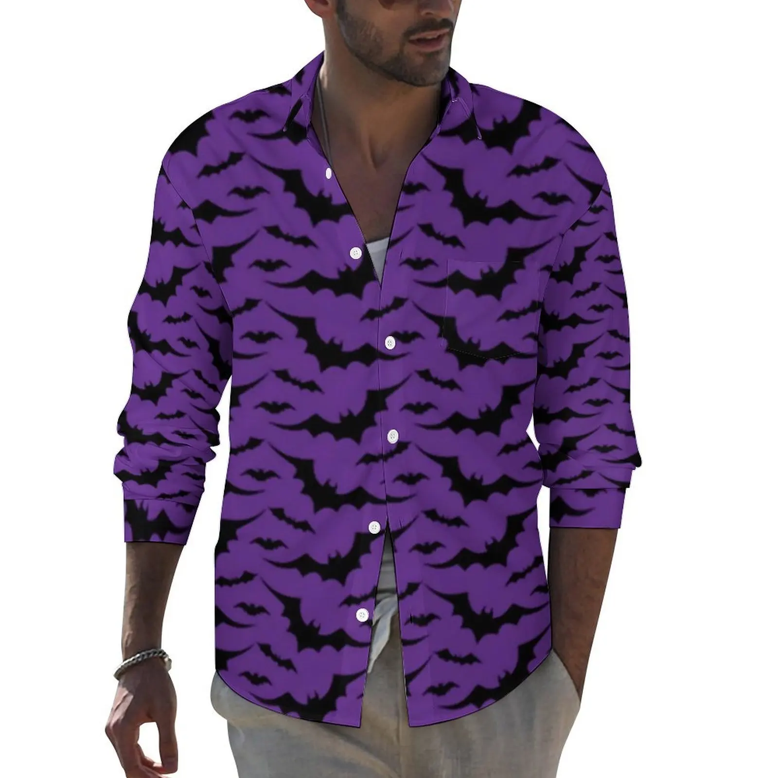 

Purple Bats Y2K Casual Shirt Male Halloween Print Shirt Spring Trending Blouses Long Sleeve Graphic Oversized Clothing