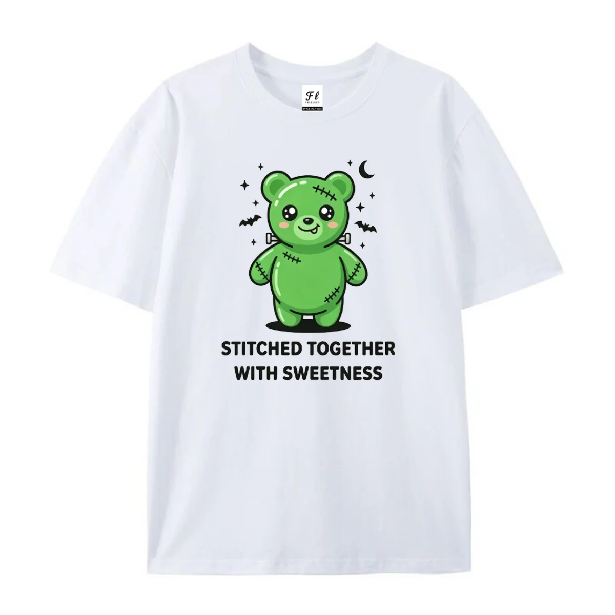 Cute Frankenstein Bear Graphic T‑Shirt Green Stitched Teddy Bat Moon Star Halloween Stitched Together With Sweetness Casual Tee