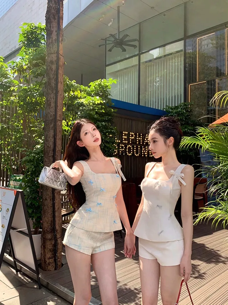 Spicy Girl Fashion Plaid Camisole Top Shorts Two-piece Set Women Bow Splice Collarbone Backless Korean Slim Summer Chic Wear New