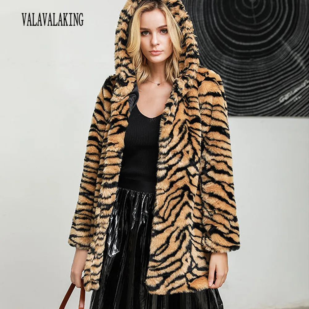 2025 Winter Plus Size Tiger Faux Fur Long Coat Women Hooded Long Sleeve Fluffy Cardigan Jacket Ladies Thick Warm Furry Outwear