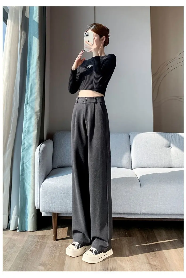 Brown Woolen High-end Suit Pants for Women in Autumn and Winter 2023 New Narrow Version Straight Wide-leg Pants with Drape