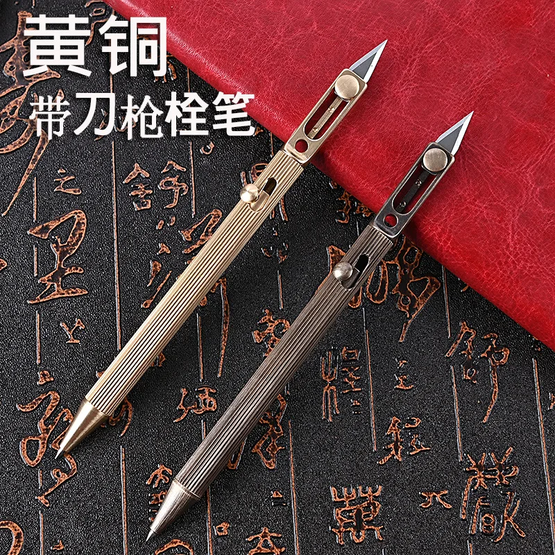 Brass tactical pen with knife for opening packages, brass signing pen, medium pen, metal machine gun pen, ballpoint pen