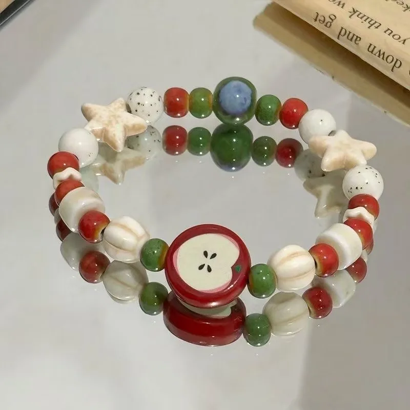 Handmade Apple Fruit Bone Bead Ceramic Bracelet Stretchable Boho Ethnic Jewelry Unique Gift image 2
