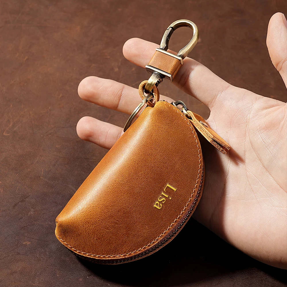 Customized Name Retro Wild Horse Leather Car Key Case, Genuine Leather Key Bag, Men's and Women's Style Key Storage Bag